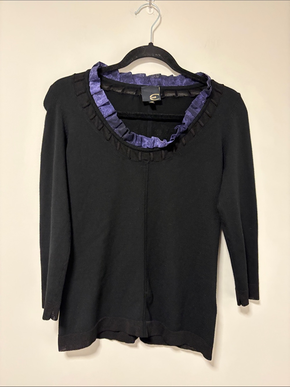 Just Cavalli Black Knit Sweater with Purple Ruffle Neckline